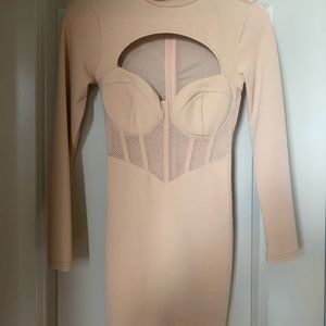 Beautiful boutique designer tan tight dress with mesh stomach & back. Size S